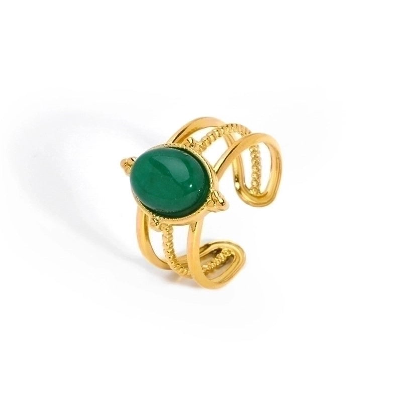 304 Stainless Steel 18K Gold Plated Retro Plating Inlay Heart Shape Solid Color Natural Stone Open Rings
