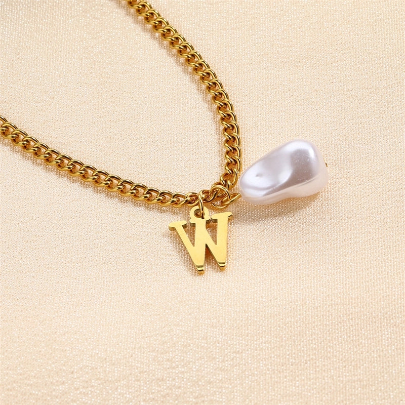 304 Stainless Steel Titanium Steel IG Style Minimalist Pearl Letter Pendant Necklace