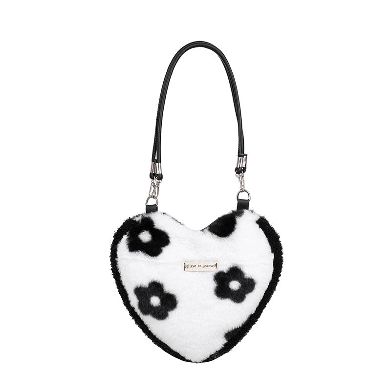 Women's Small Plush Zebra Flower Checkered Streetwear Heart-shaped Magnetic Buckle Underarm Bag