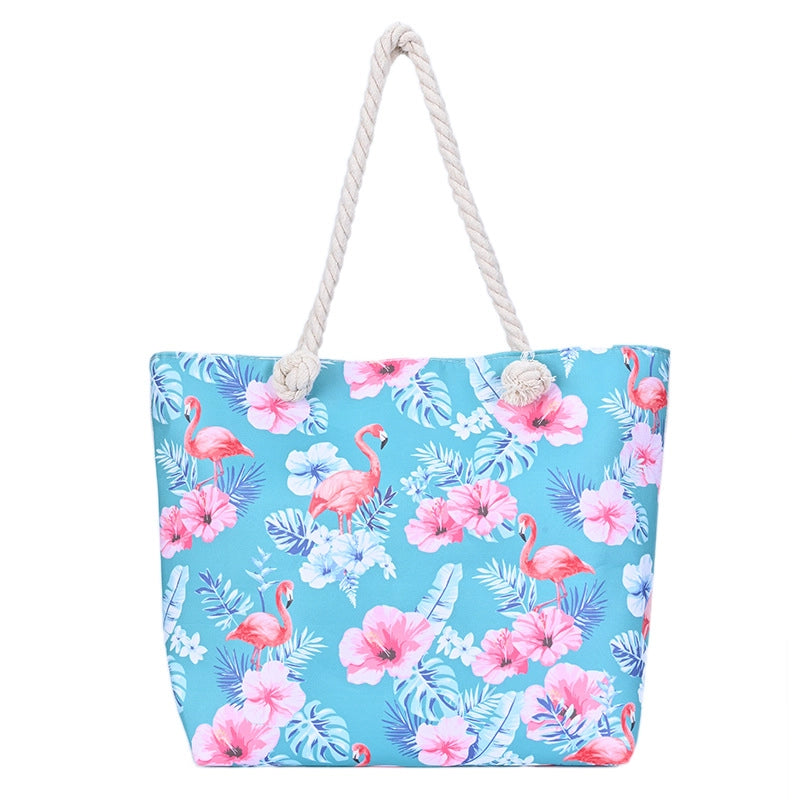 Women's Medium Canvas Flamingo Beach Square Zipper Beach Bag