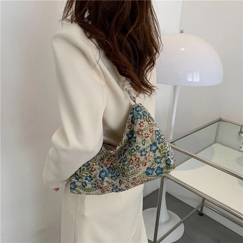 Women's Small Nylon Flower Ethnic Style Zipper Underarm Bag