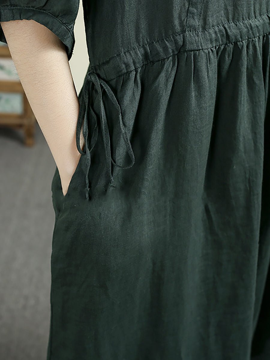 Women Summer Artsy Pure Color V-Neck 100%Ramie Dress