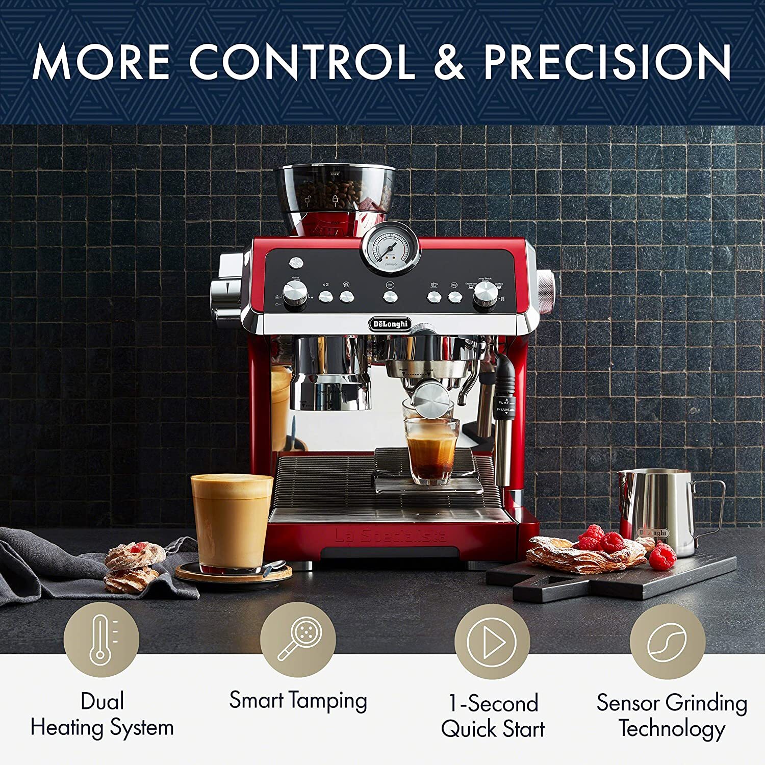 De'Longhi EC9335R La Specialista Espresso Machine with Sensor Grinder. Dual Heating System. Advanced Latte System & Hot Water Spout for Americano Coffee or Tea. Stainless Steel. Red