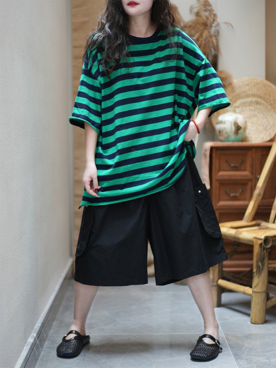 Women Summer Casual Stripe Cotton O-Neck Shirt