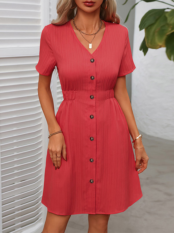A-Line Loose Buttoned Elasticity Solid Color V-Neck Mini Dresses