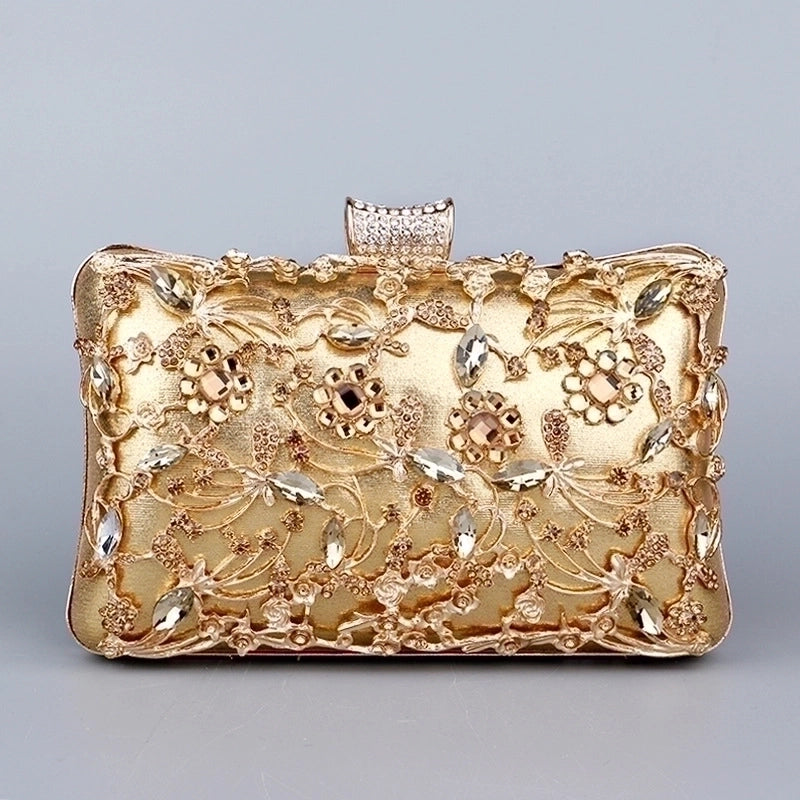 Black Gold Silver Pu Leather Flower Rhinestone Square Clutch Evening Bag