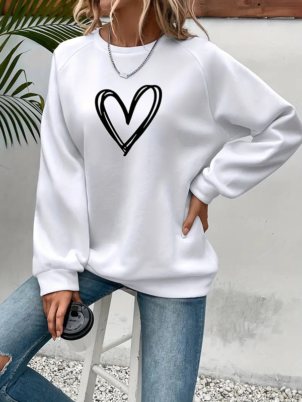 Long Sleeves Loose Heart Print Split-Joint Round-Neck Sweatshirt Tops