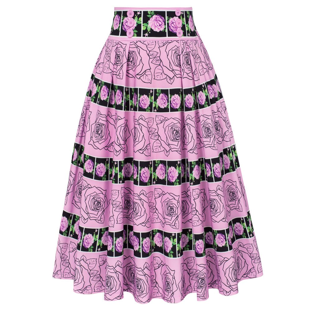 Leaf Patterns Pleated Buttons Decorated Elastic Waist High Waist Swing A-Line Skirt with Pockets
