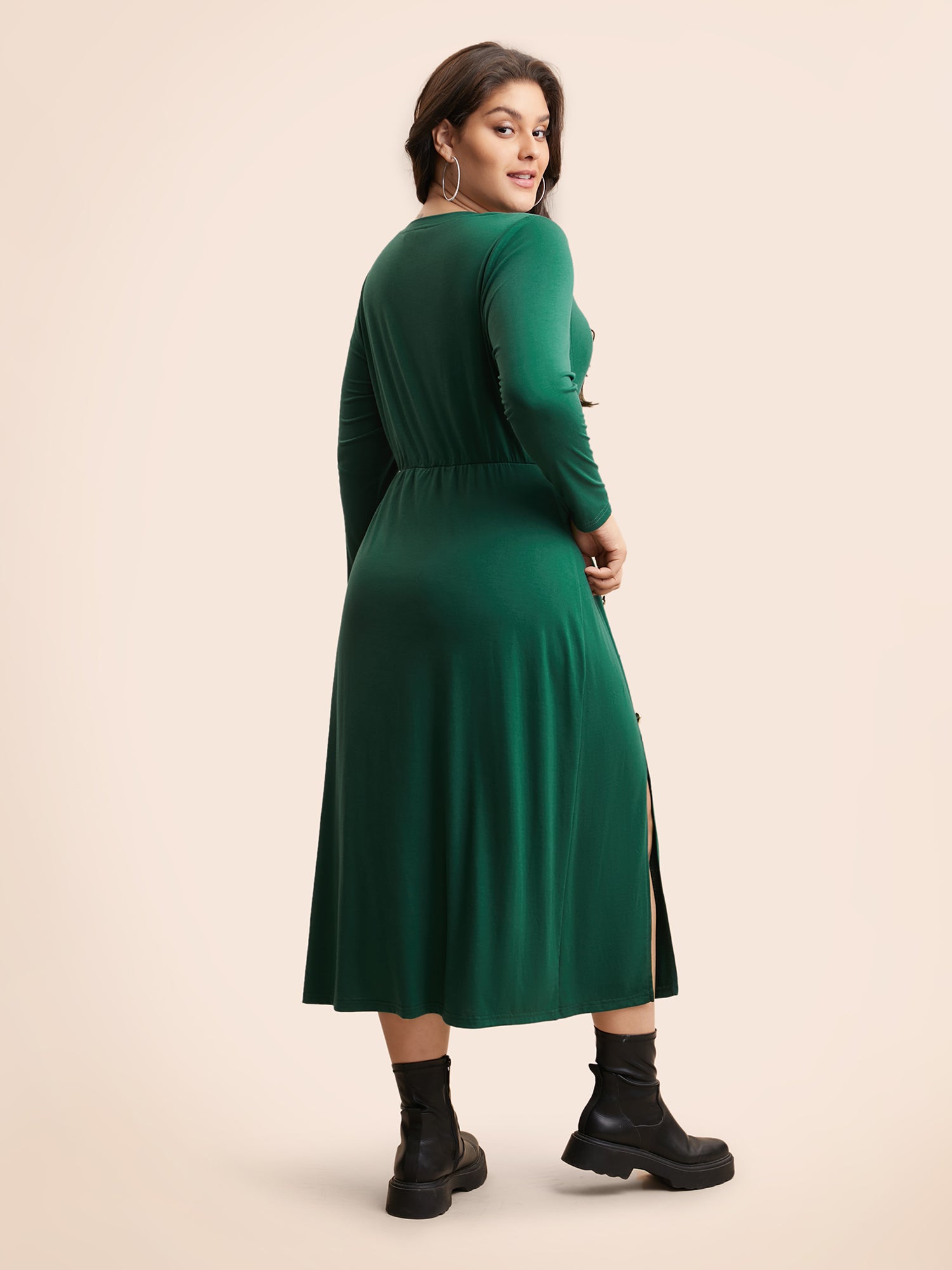 Plain Button Detail Split Hem Dress