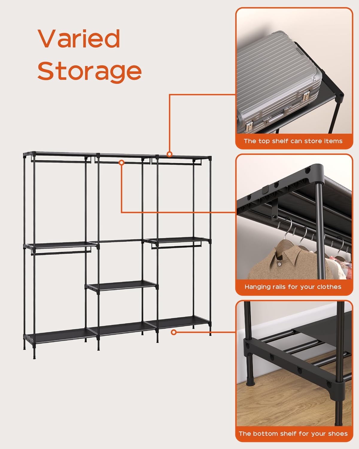 Clothes Rack, Portable Closet, 54.3 Inch Large Capacity Wardrobe Closet, Clothes Storage Organizer with Shelves and 3 Hanging Rods, Easy to Assembly, Black PCT022B01