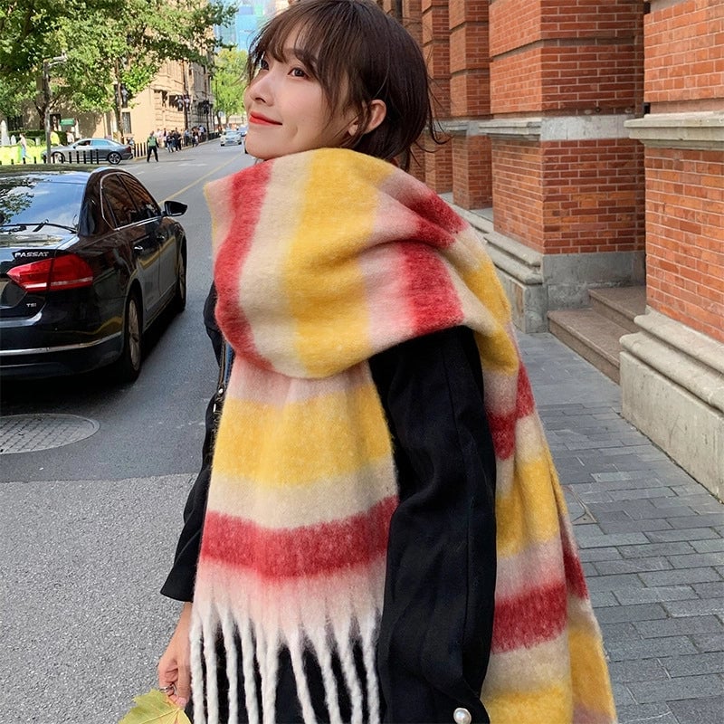 Purple Striped Scarf Women's Autumn And Winter  Trendy Winter Warm Imitation Cashmere Windproof Scarf For Students