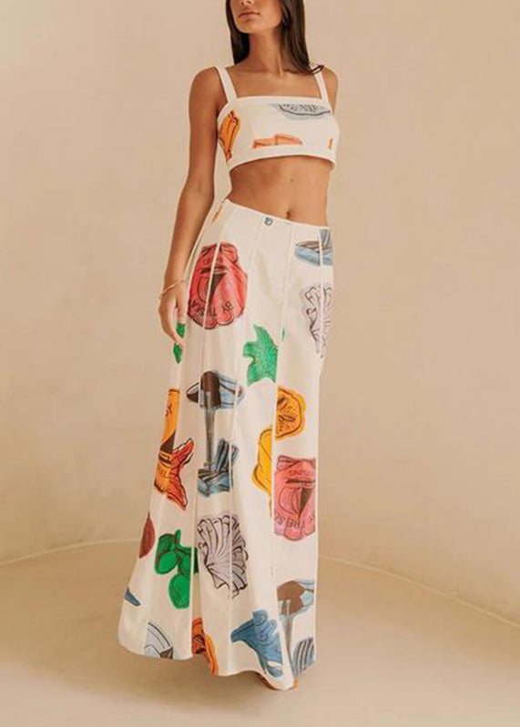 DIY Beige Print Vest And Maxi Skirts Two Pieces Set Summer