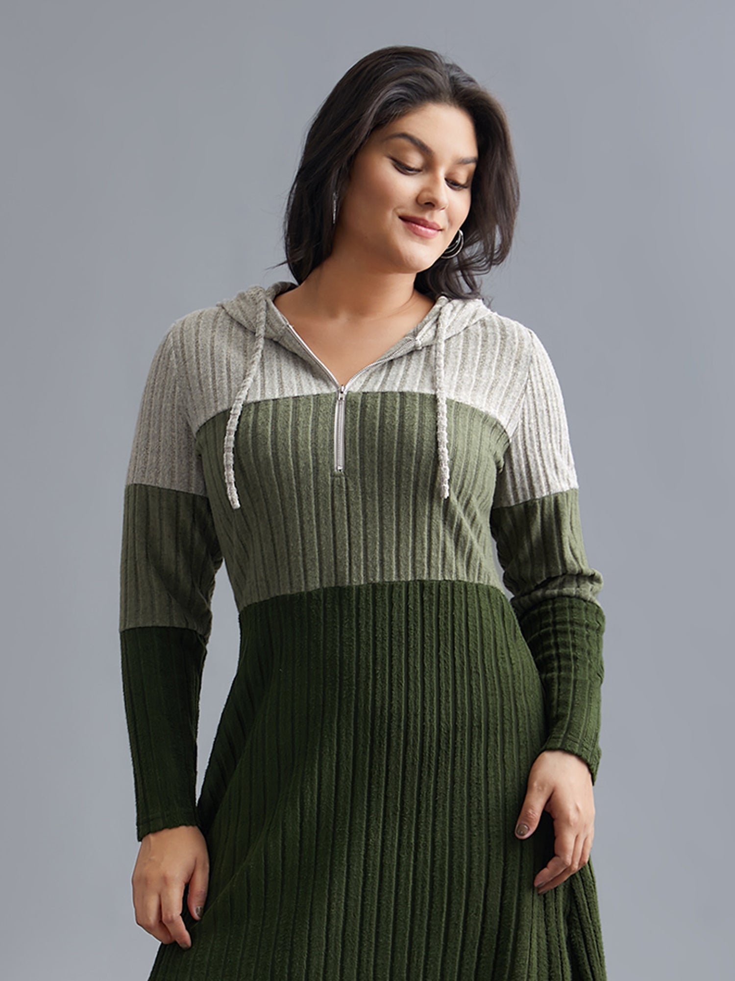 Hooded Half Zip Pit Strip Knit Dress