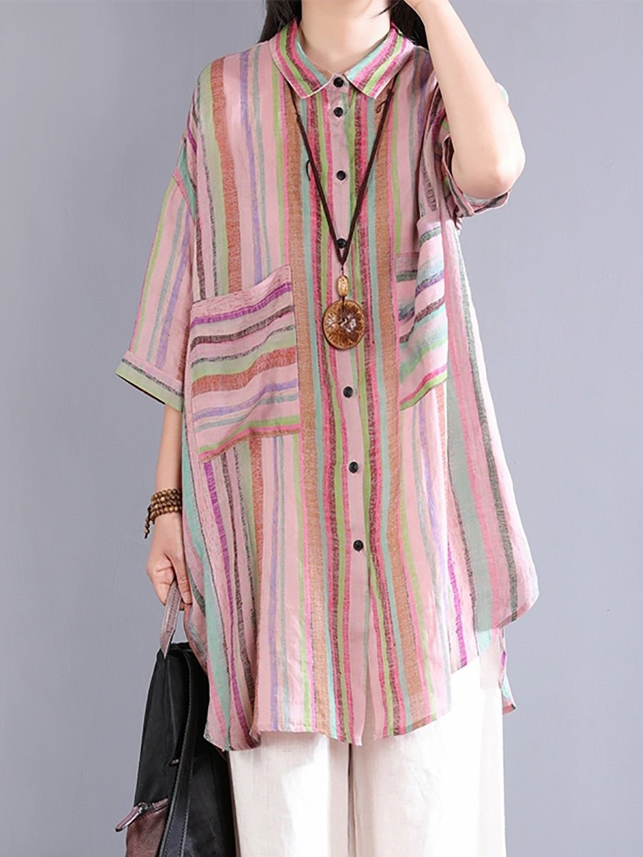 Women Summer Artsy Stripe Turn-down Collar 100%Ramie Shirt