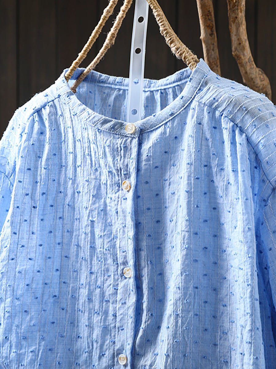 Women Summer Dot Jacquard Stand Collar 100%Cotton Shirt