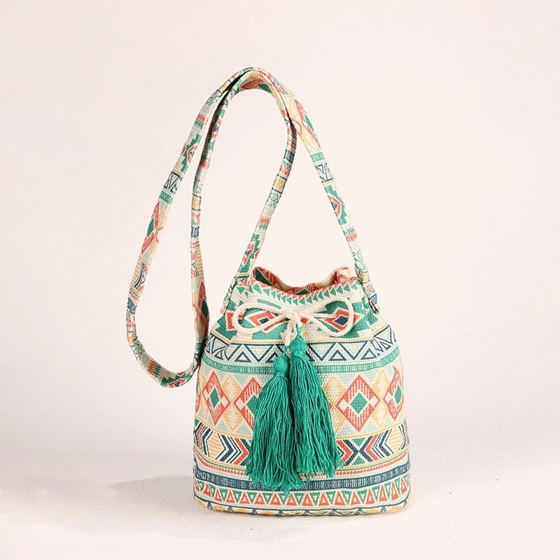 Women's Medium Canvas Geometric Ethnic Style Bucket Open Bucket Bag