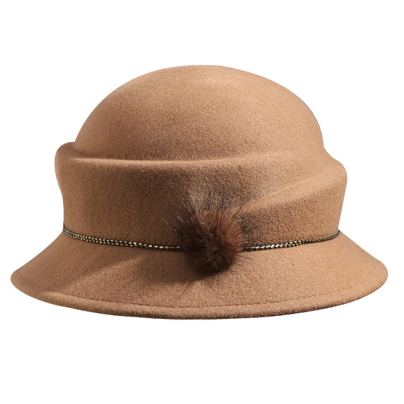 5 Pieces Autumn And Winter Hat Female Bowler Hat Pure Wool Woolen Hat Shaping Hat Elegant Mink Fur Ball Bright Beads Decoration 1215