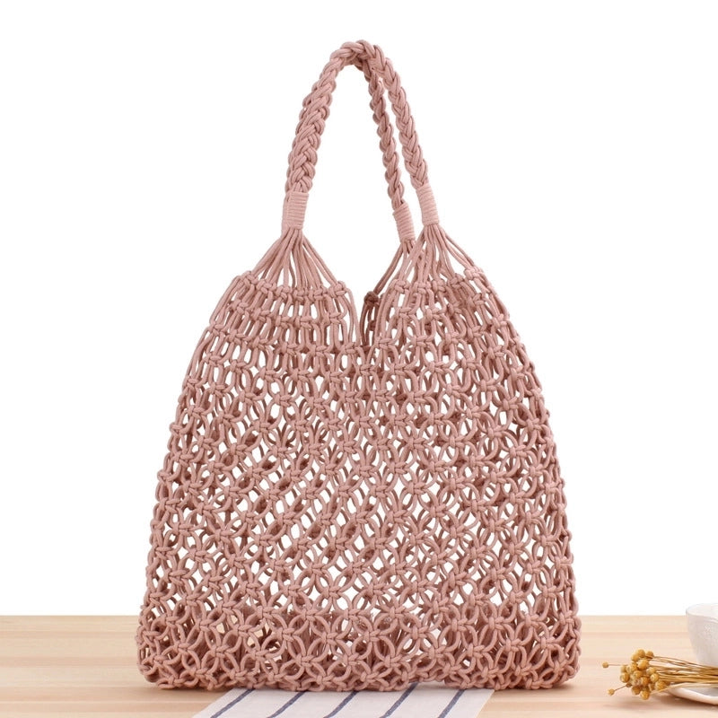 New Solid Color One-shoulder Woven Straw Cotton Rope Net Pocket Beach Bag 35*48cm