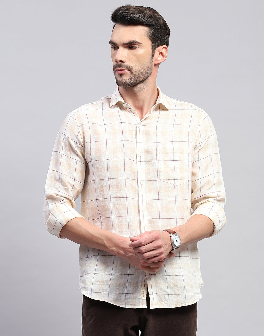 Men Beige Check Collar Neck Full Sleeve Shirt