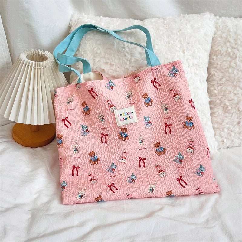 4431 Cute Sweet Printed Puppy Double Layer Canvas Bag Summer New Large Capacity Casual Portable Shoulder Bag