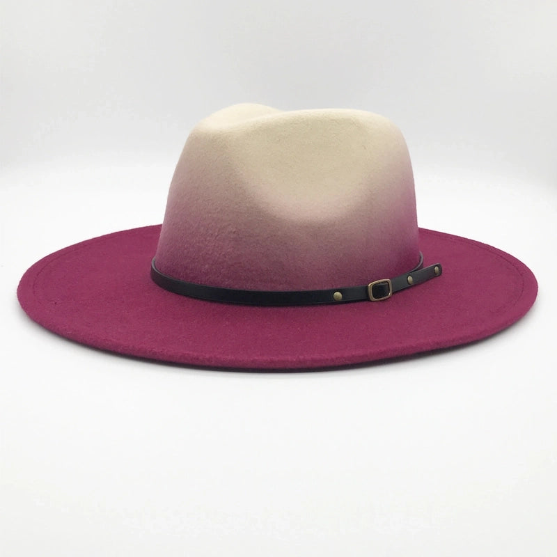 New Fashion Woolen Hat Belt Gradient Color Felt Hat Autumn And Winter Big Brim Men And Women Jazz Hat Two-color British Hat