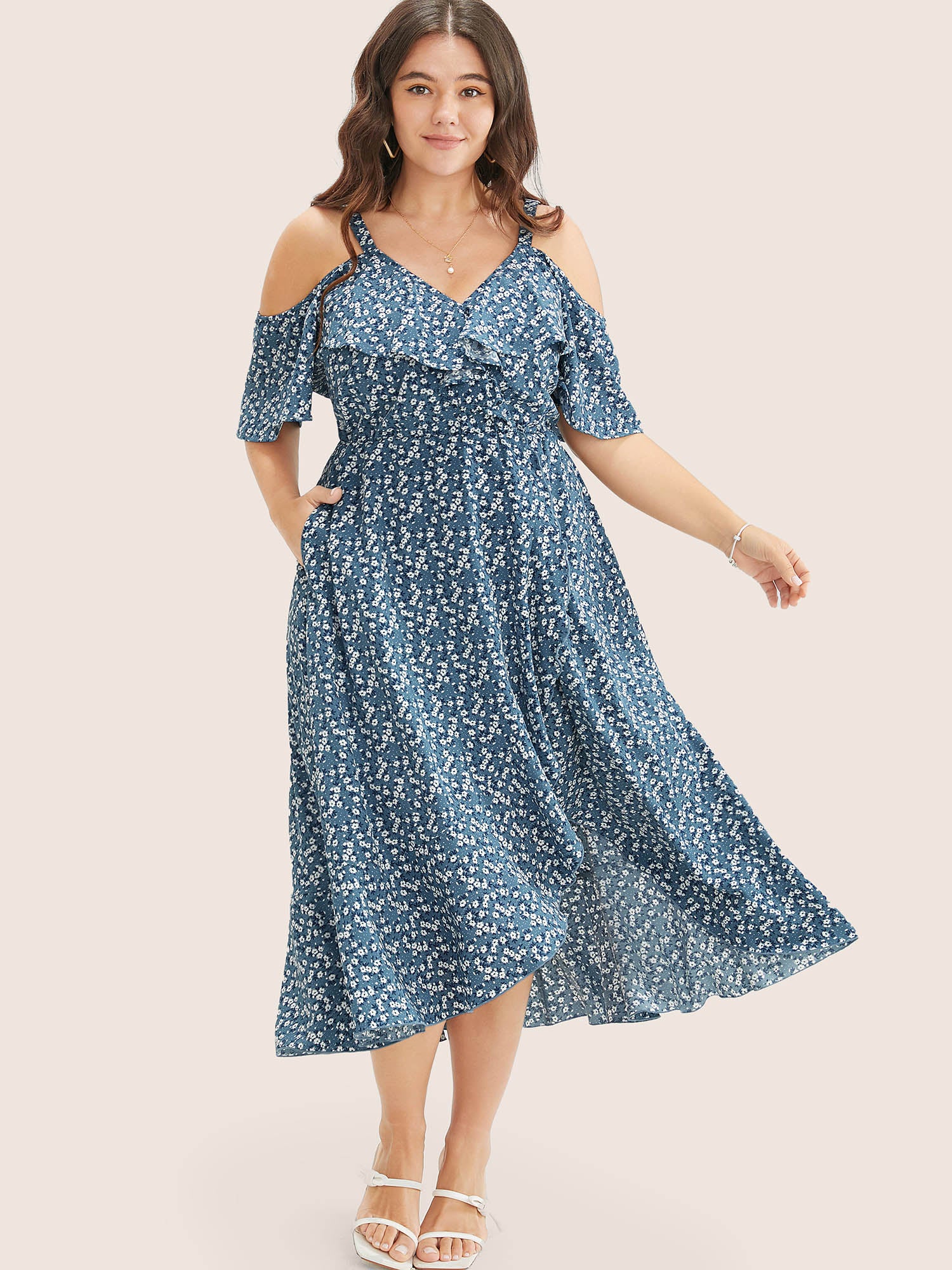 Ditsy Floral Pocket Wrap Cold Shoulder Ruffle Dress