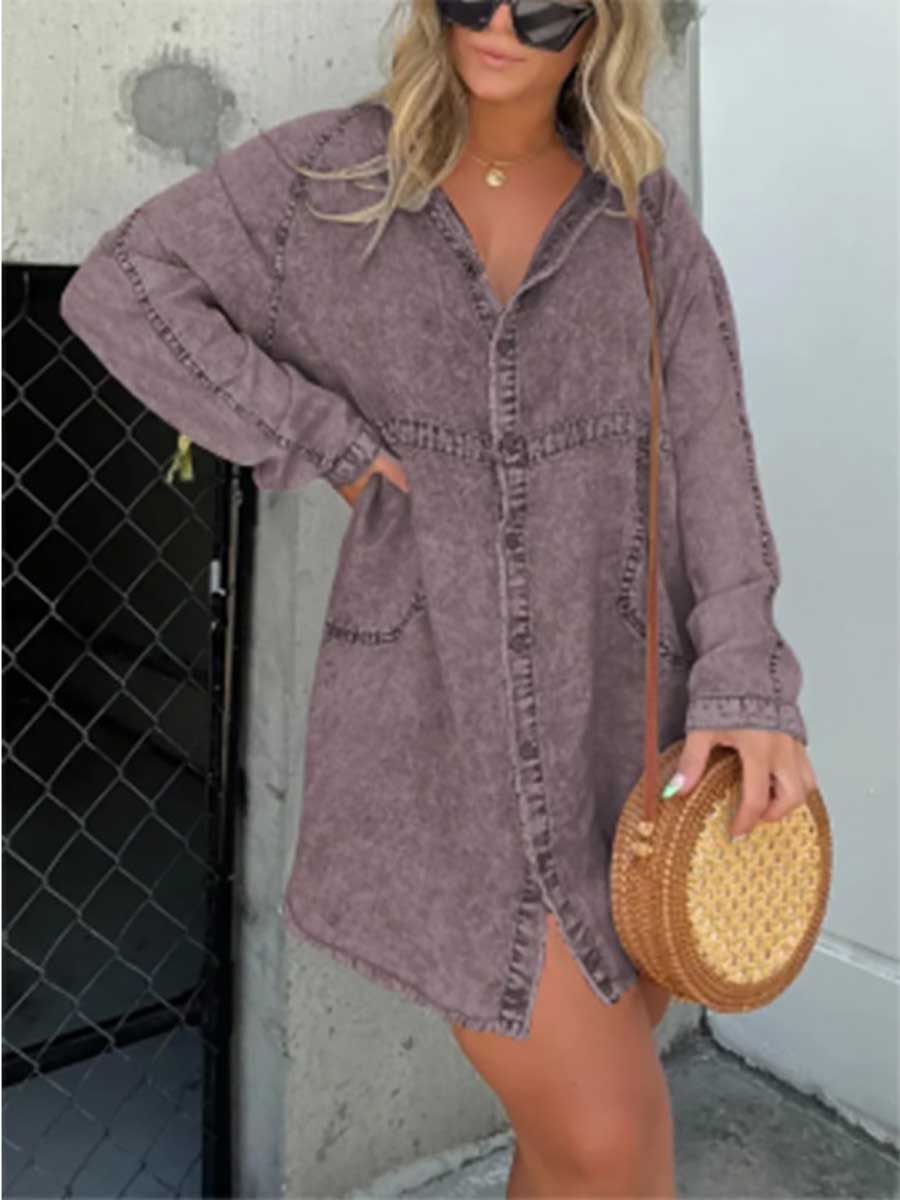 V-neck Washed Loose Shirt Denim Skirt