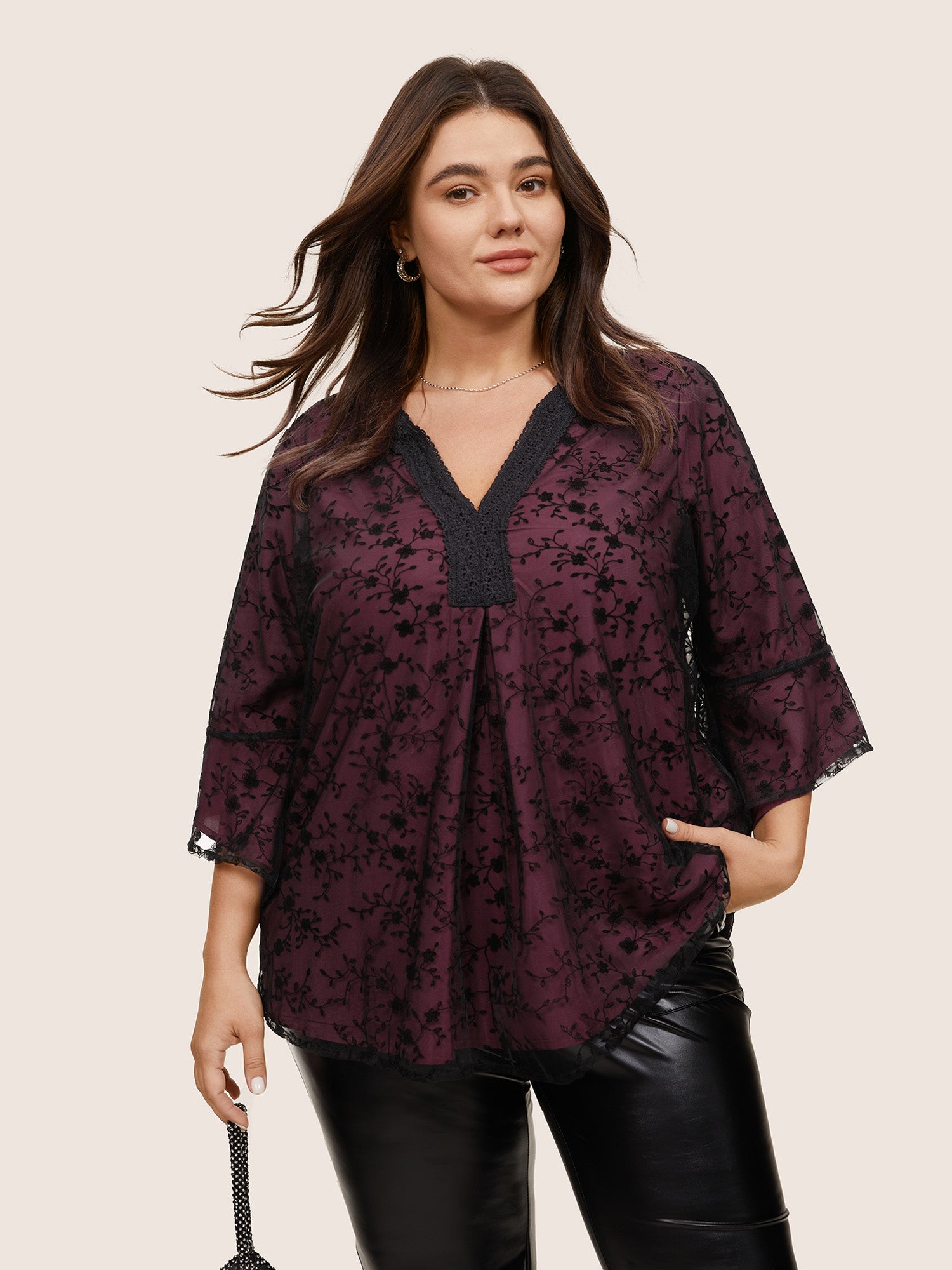 Crochet Lace Mesh Bell Sleeve Blouse