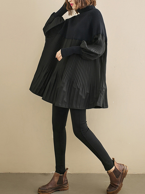 Knitting Pleats Split-Joint High-Neck Pullover Top