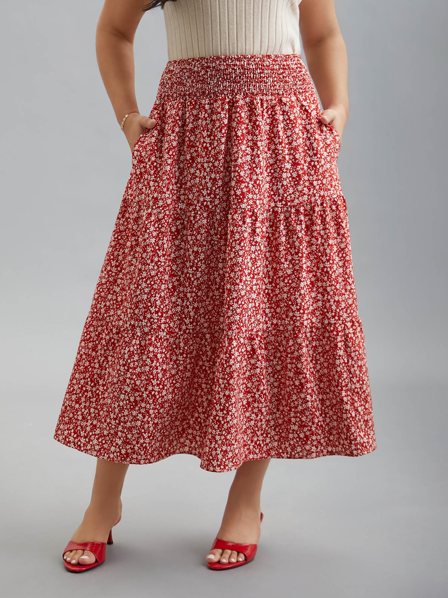 Romantic Floral Waist Shirred Midi Skirt