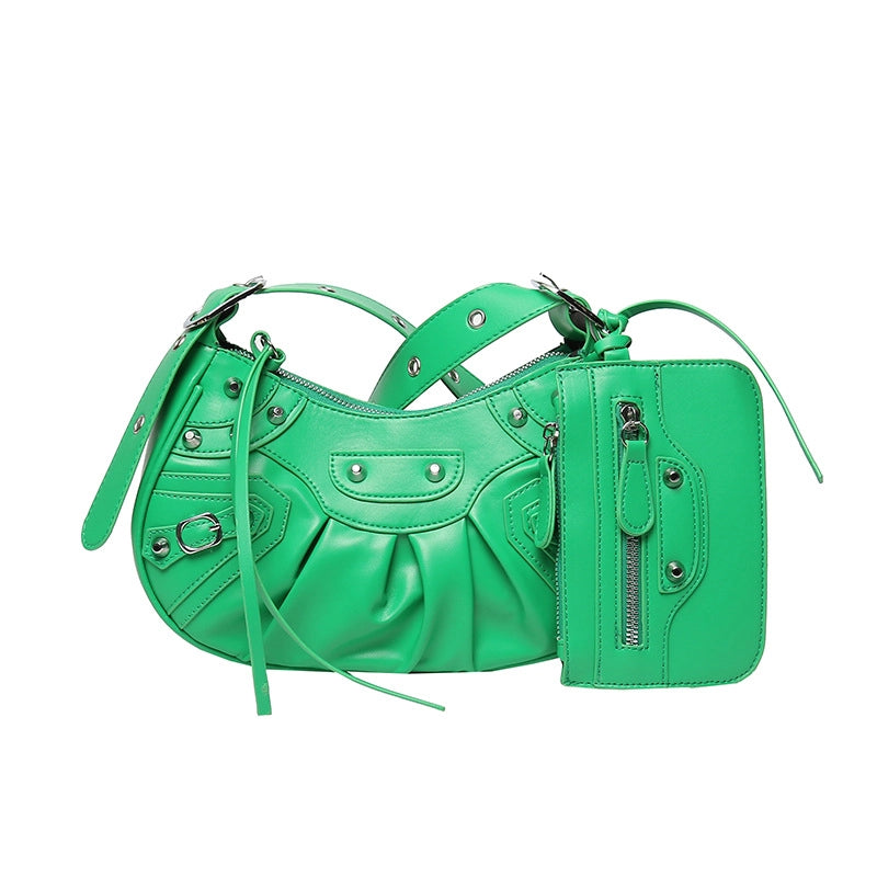 Women's Medium Summer Autumn Pu Leather Solid Color Fashion Rivet Dumpling Shape Zipper Bag Sets