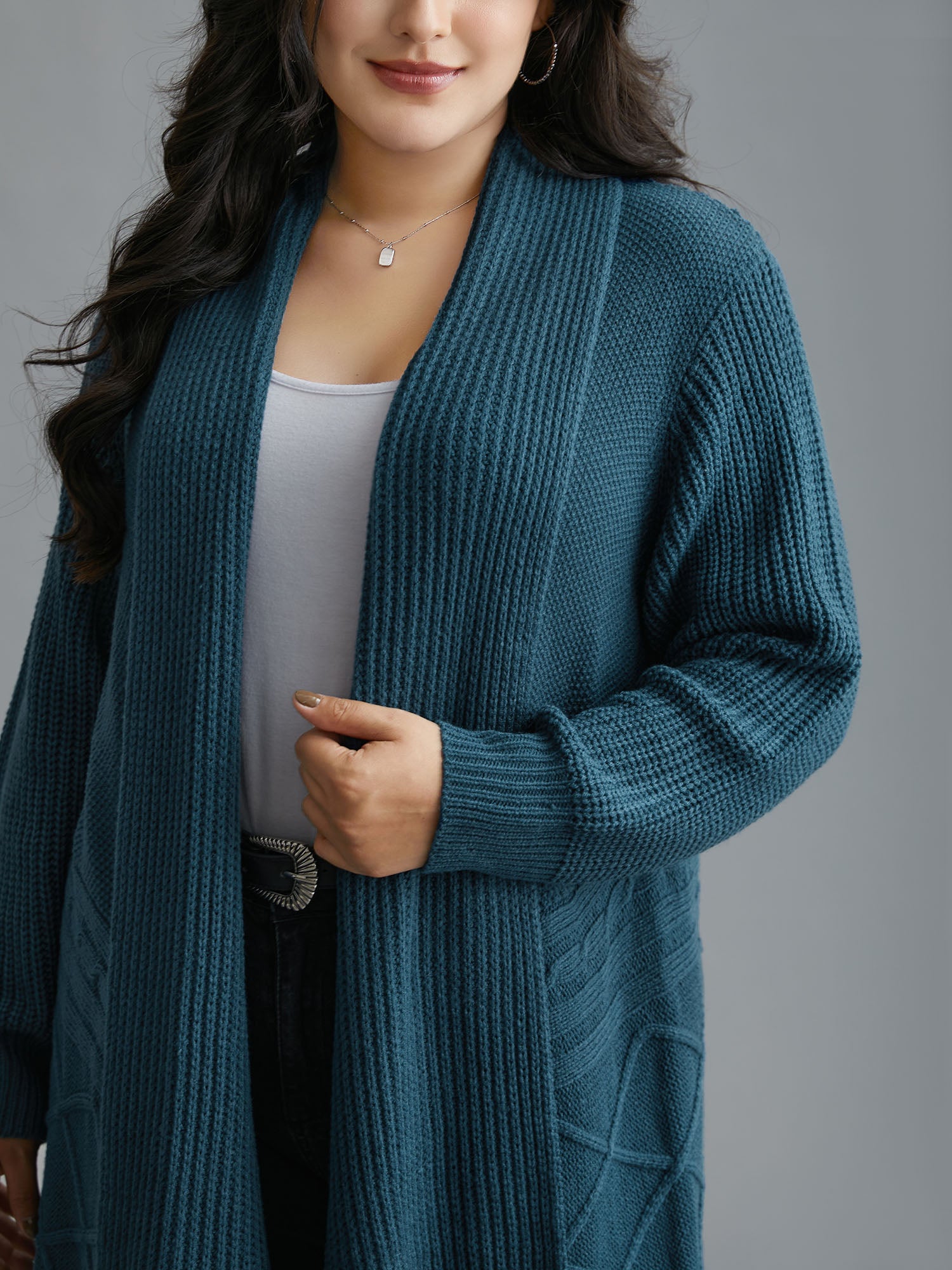 Cable Knit Asymmetrical Hem Open-Front Cardigan