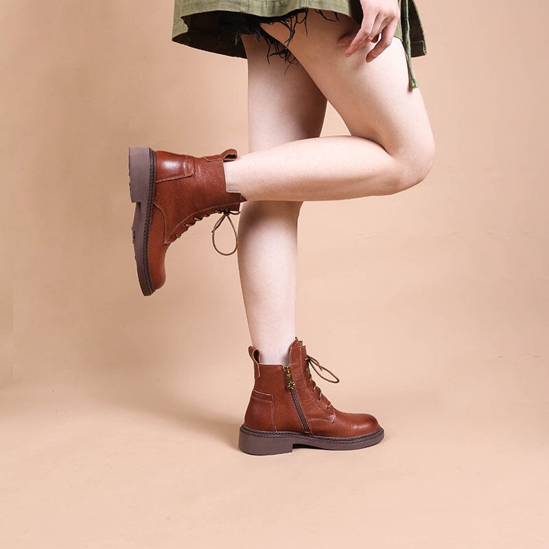Leather Martin Boots Brush-Off Combat Boots Lace Up Ankle Boots in Black/Coffee/Brown