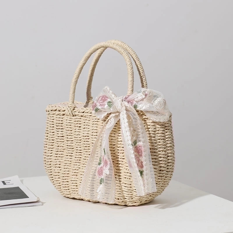 Women's Medium Straw Bow Knot Elegant Square String Straw Bag