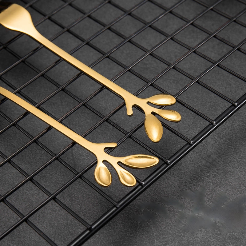 Stainless Steel Creative Leaf Spoon Fork Coffee Spoon Dessert Spoon Gold-plated Fruit Fork Honey Mixing Spoon Ice Cream Spoon