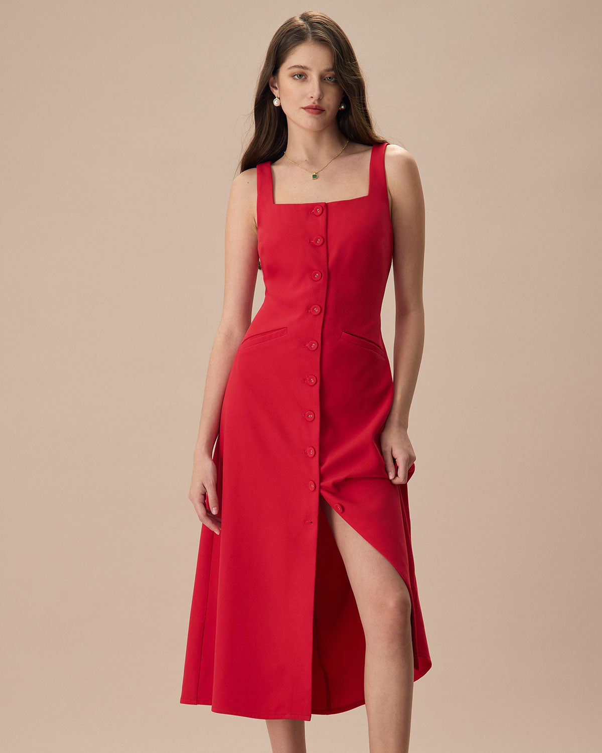 The Red Square Neck Pocket Midi Dress