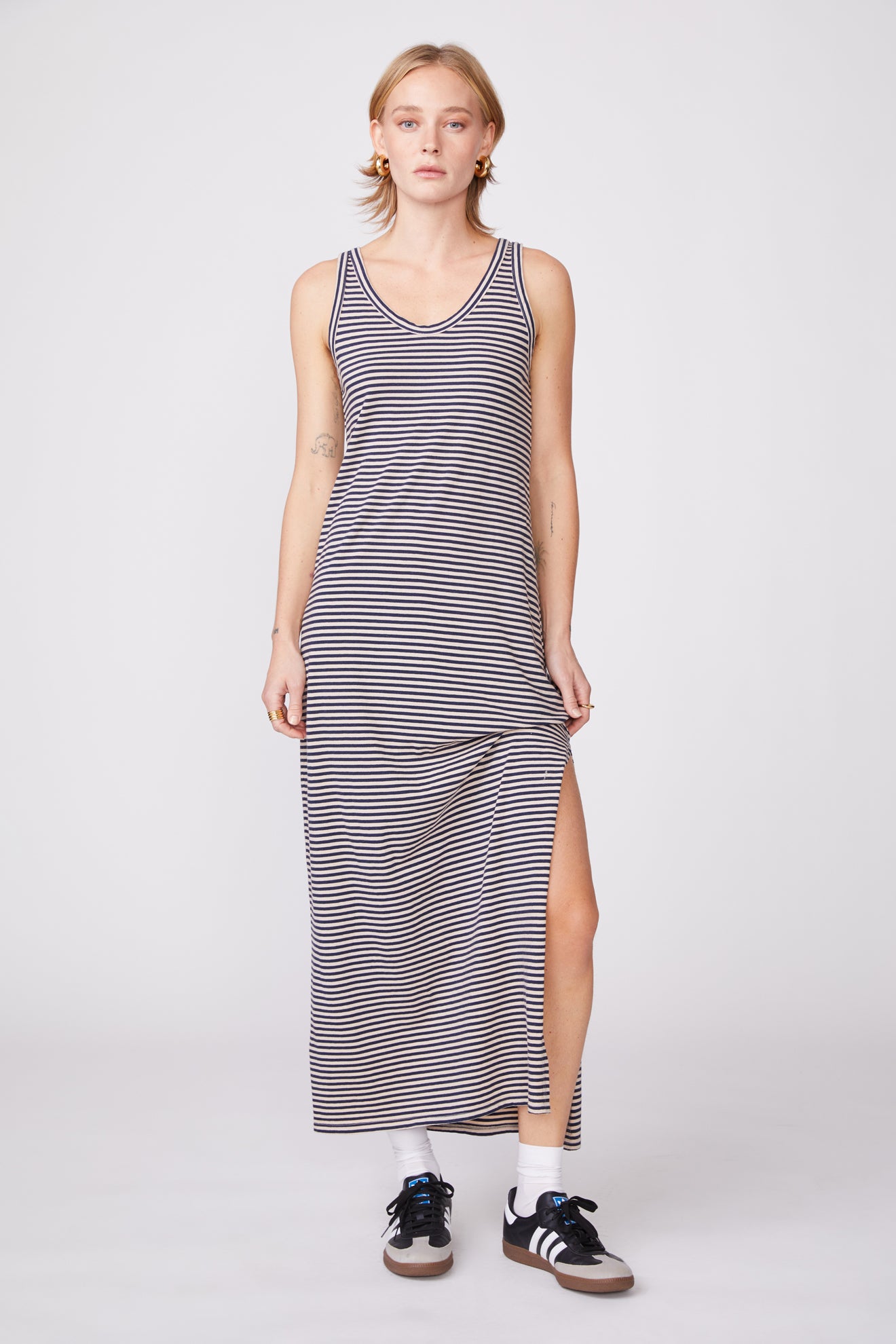 Mini Navy and Wheat Stripe Jersey Tank Dress with Side Slit