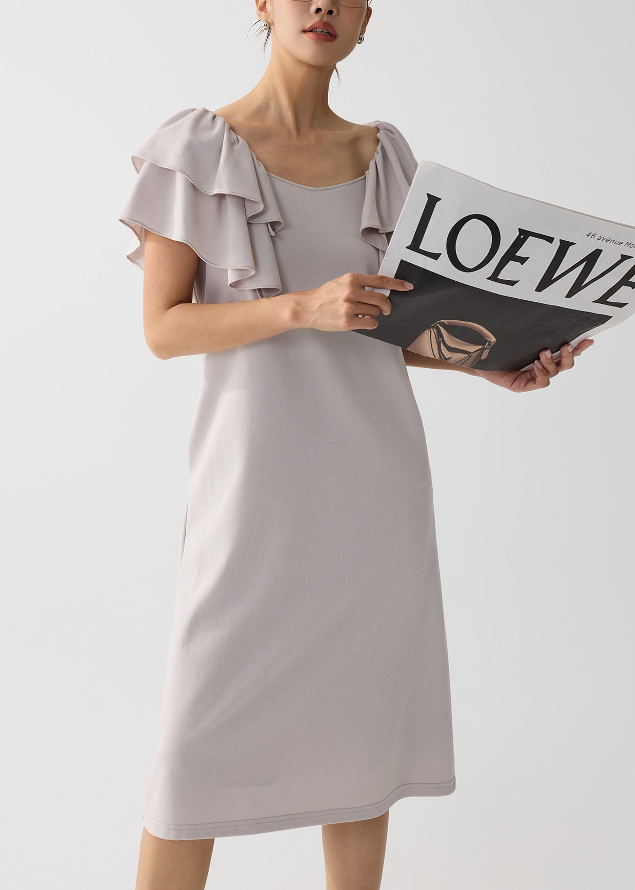 Women Apricot Cotton Work Straight Dress Butterfly Sleeve