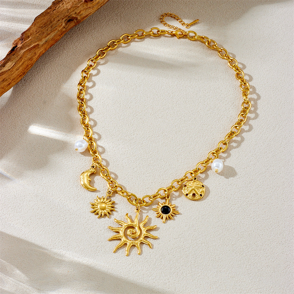 Fashion Gold Plated Stainless Steel Sun Moon Gemstone Pearl Accessories Pendant Chain Necklace