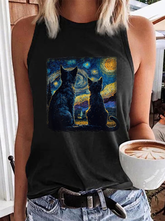 Women's Starry Night Black Cat Print Vest