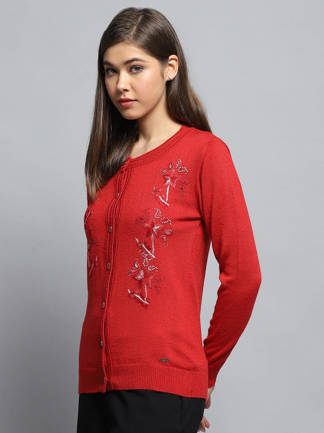 Women Red Self Design Round Neck Full Sleeve Cardigan