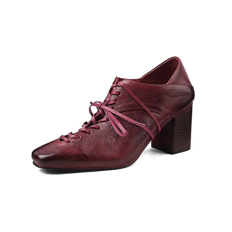 70mm Block Heel Washed Horsehide Leather Ballet-Inspired Lace-Up Pumps in Red/Black