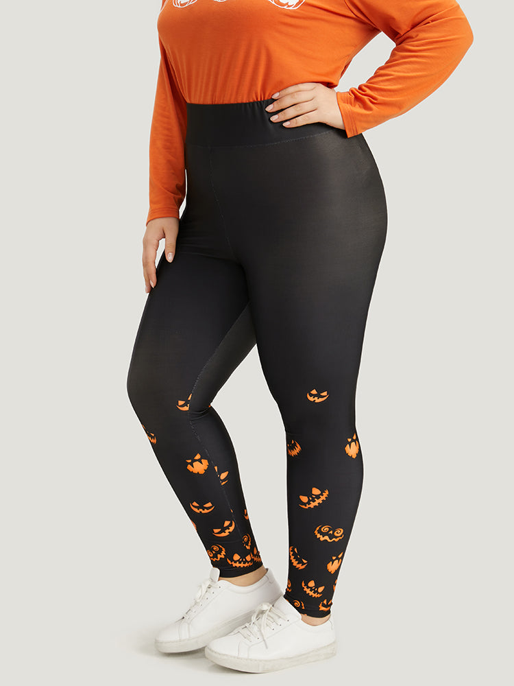 Halloween Pumpkin Print Wideband Waist Leggings