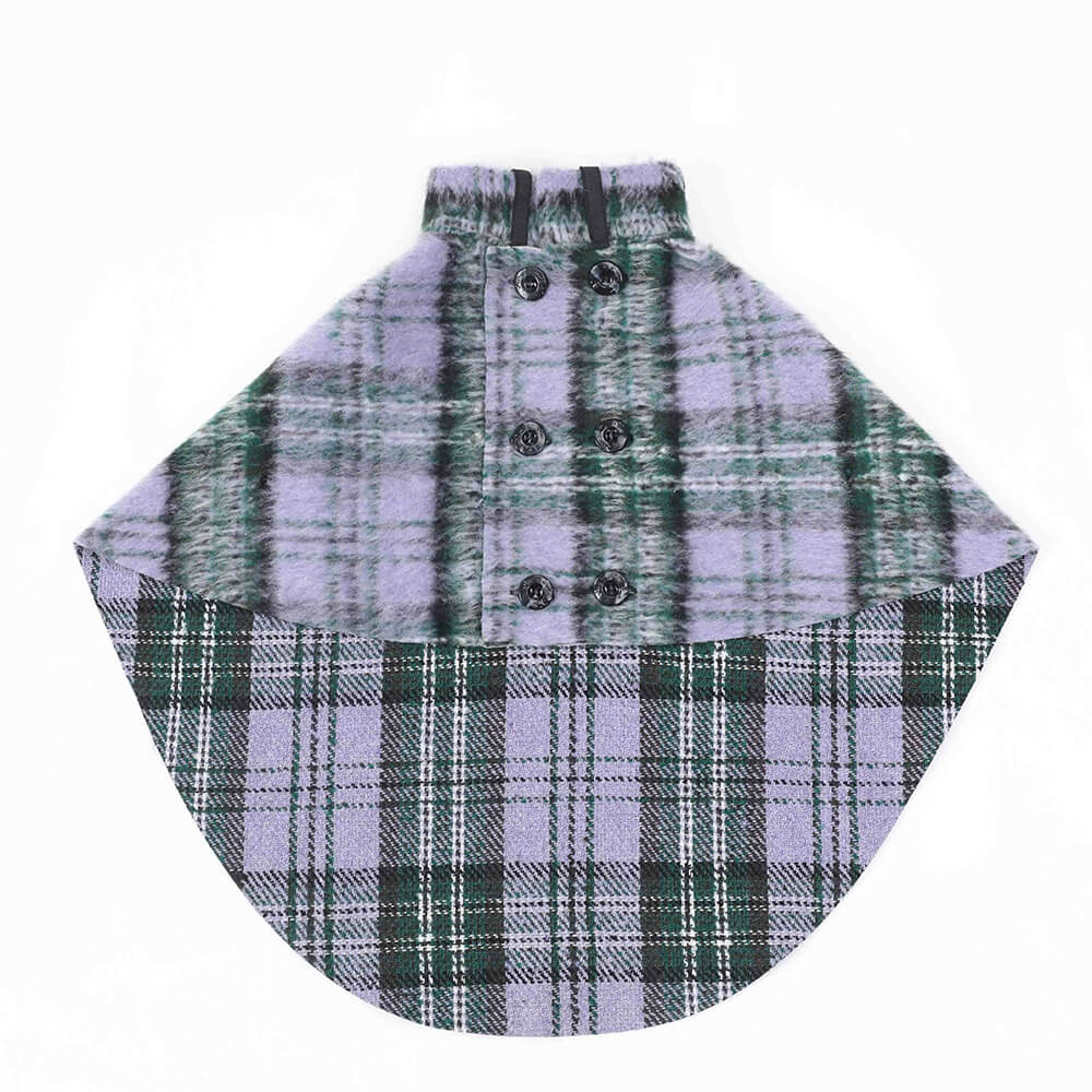 Vintage Plaid Wool With Refined Leather Collar & Button Dog Cape