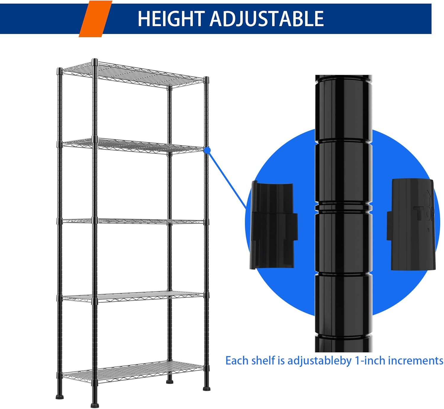 REGILLER 5-Wire Shelving Metal Storage Rack Adjustable Shelves,Standing Storage Shelf Units for Laundry Bathroom Kitchen Pantry Closet(Black,11.8