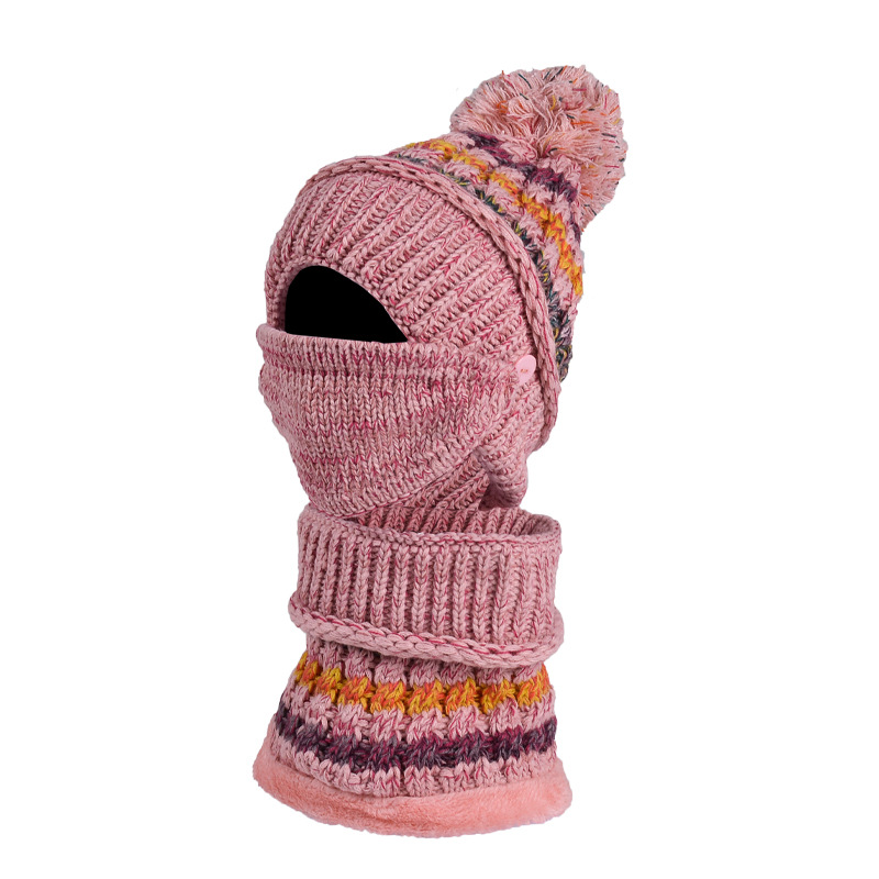 Three-Piece Fleece And Color-Block Knitted Hat. Scarf And Mask