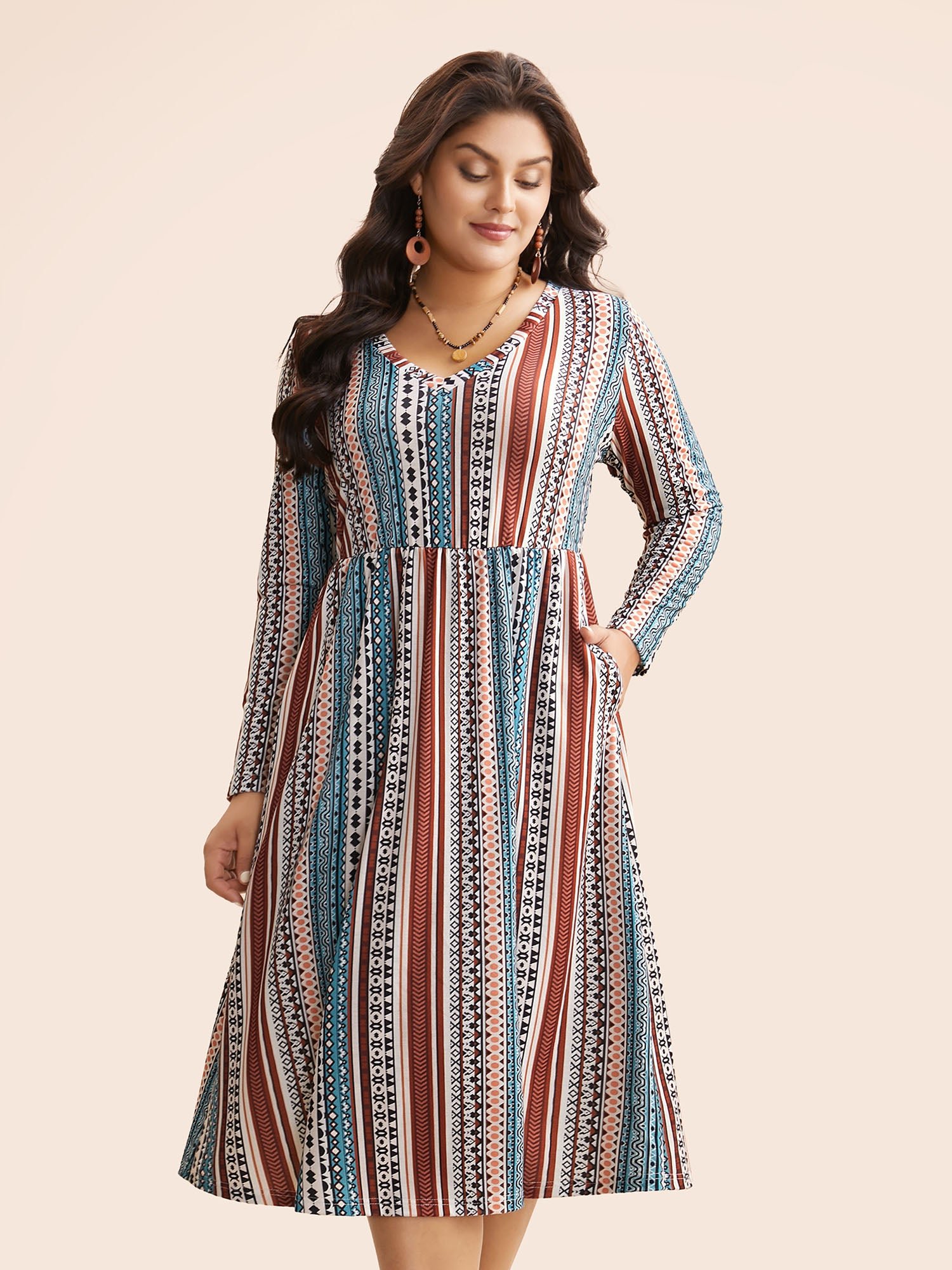 Bandana Striped V Neck Midi Dress