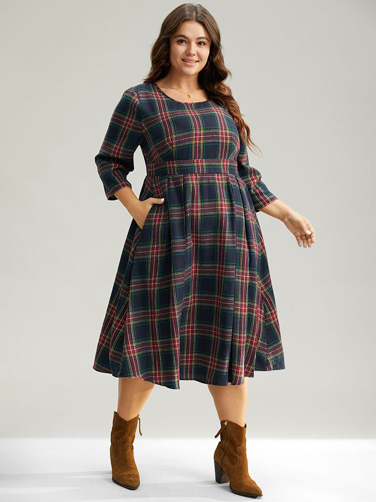 Christmas Plaid Pocket Elastic Waist Midi Dress