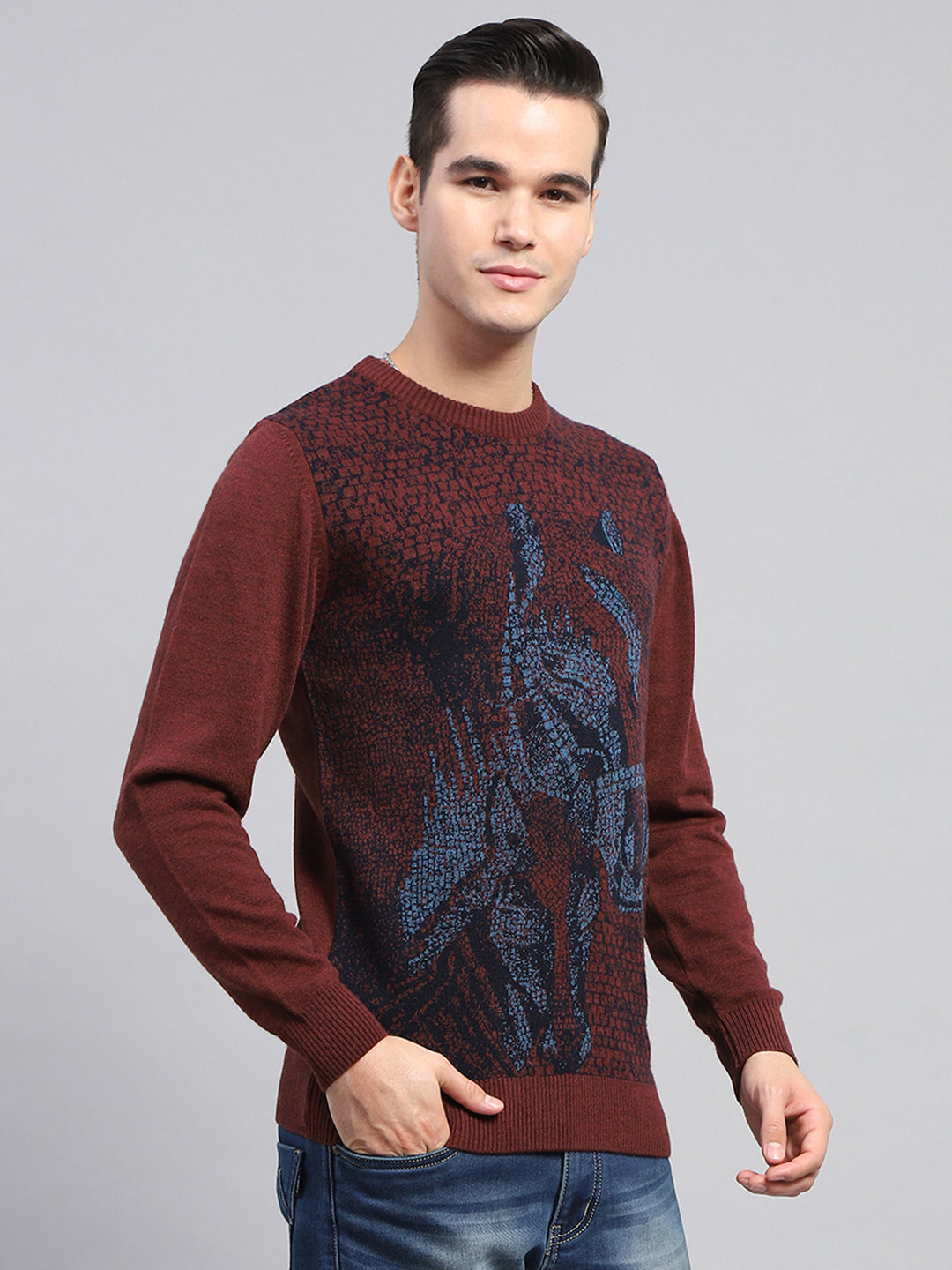 Men Maroon Self Design Round Neck Full Sleeve Pullover