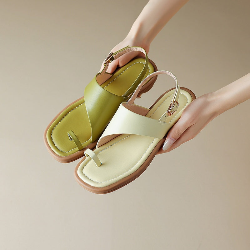 Fashion Cow Leather Toe Ring Roman Sandals with Cylinder Heel in Green/Butter Yellow